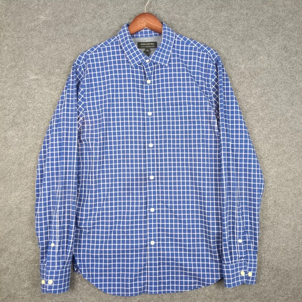 Banana Republic Mens M‎ Blue White Check Stretch Soft Wash Slim Fit Button Shirt